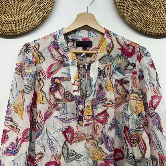 Hale Bob Butterfly Print Blouse Top Large Long Sleeve Tie Neck Boho Colorful - Picture 4 of 8